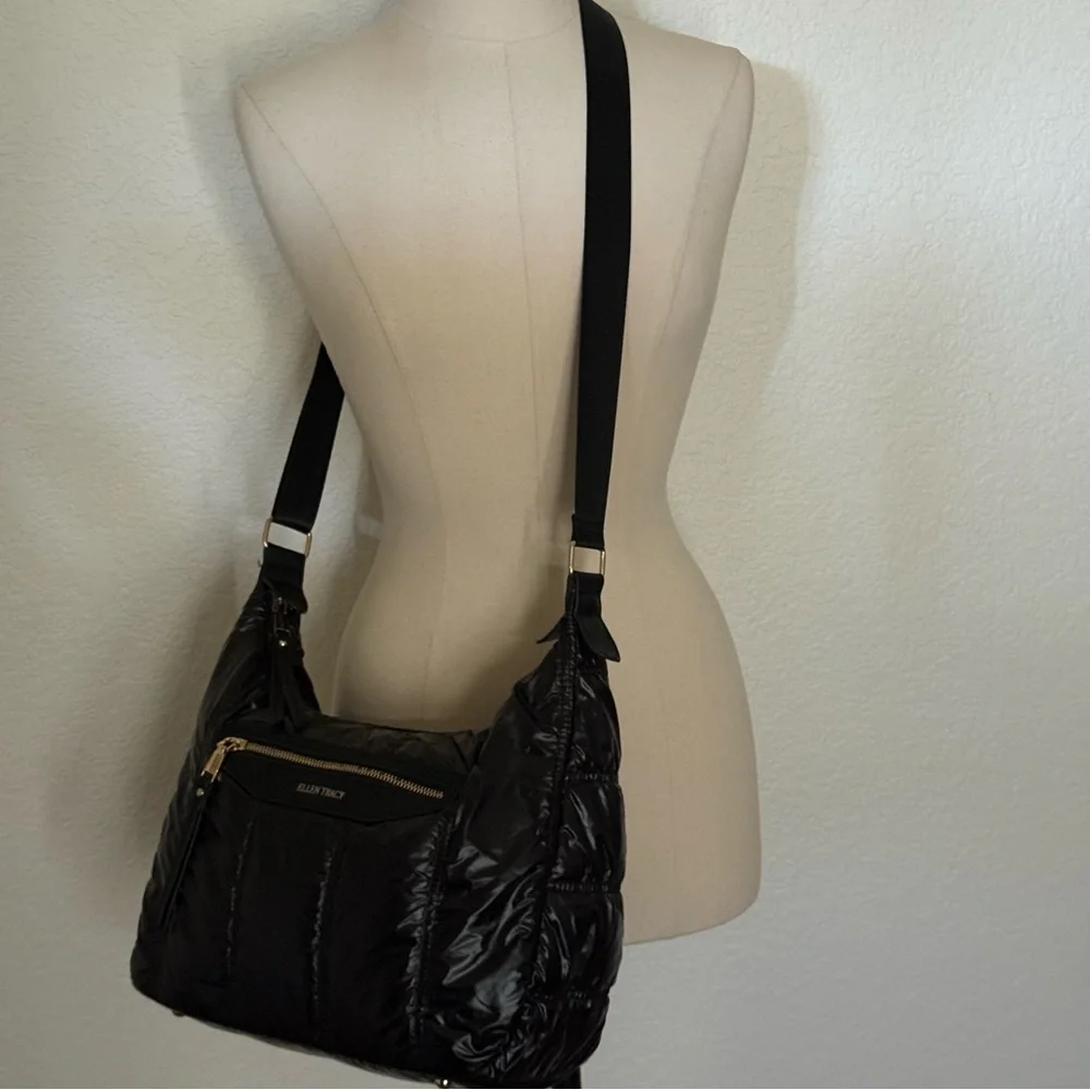ELLEN TRACY The Teagan Black Puffer Quilted Nylon Hobo Crossbody Bag